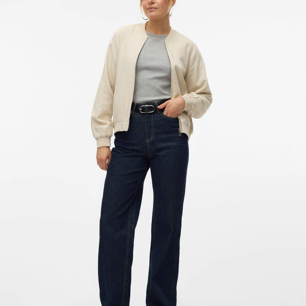 Chic High-Neck Bomber Jacket with Elastic Cuffs - Viscose Linen Blend